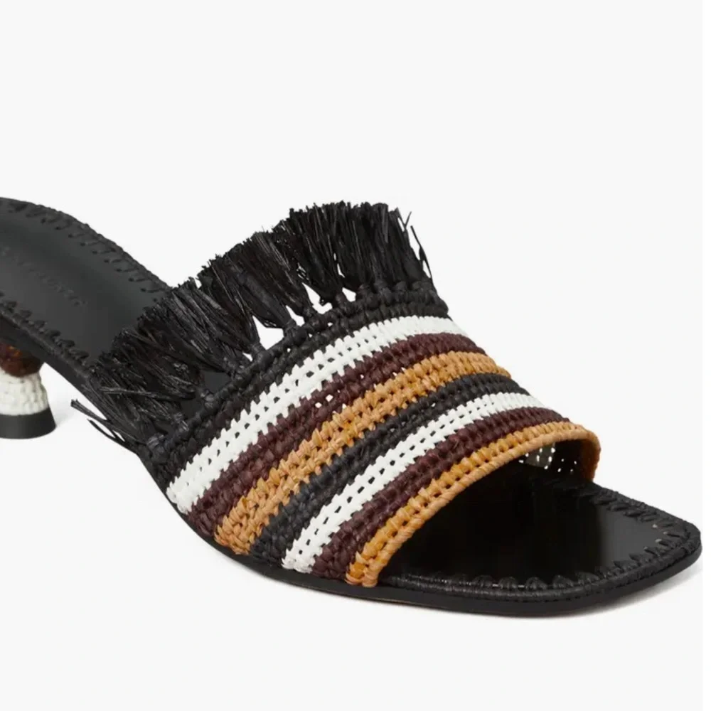 Tory Burch Eleanor Square Tie Braided Raffia Kitten Heel Sandal Sz 7